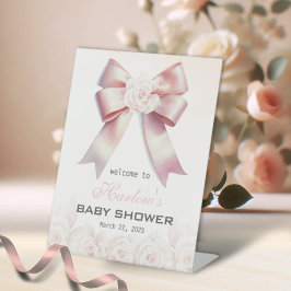Pink Bow Floral Baby Dusche Begrüßungszeichen Sockelschild