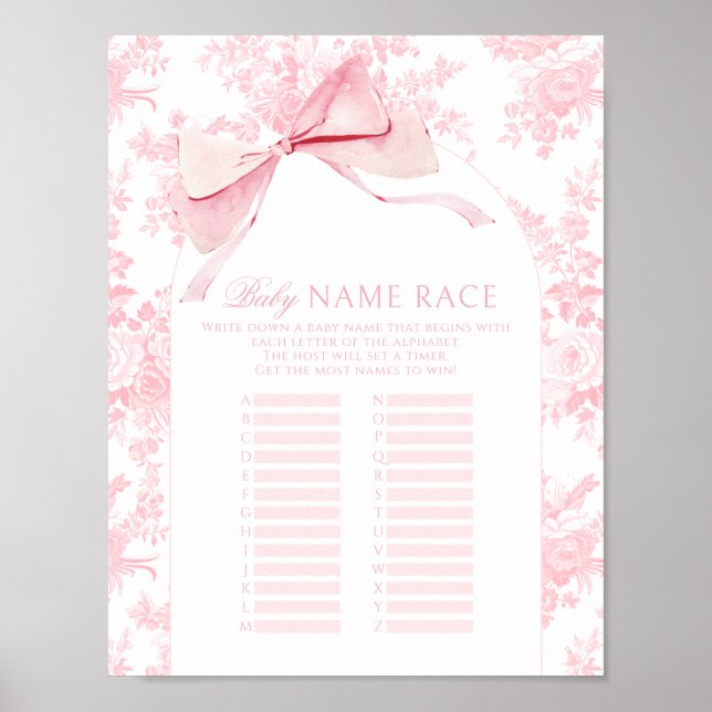 Pink Bow Floral Baby Girl Name Race Showspiel Poster (Vorne)