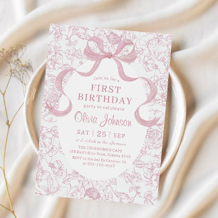 Pink Bow Floral Chinoiserie Toile Geburtstag Einladung