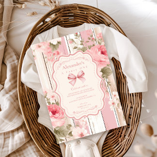 Pink Bow Floral Extravagant ONE Girl 1. Geburtstag Einladung