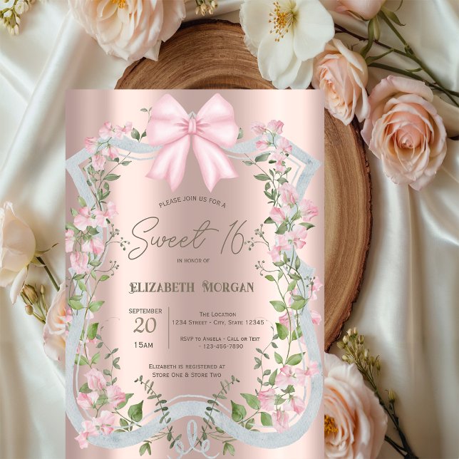 Pink Bow Floral Frame Rose Gold Sweet 16  Einladung (Von Creator hochgeladen)