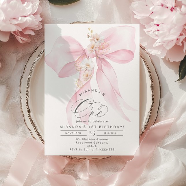 Pink Bow Floral Girl 1. BIrthday Party Einladung (Von Creator hochgeladen)