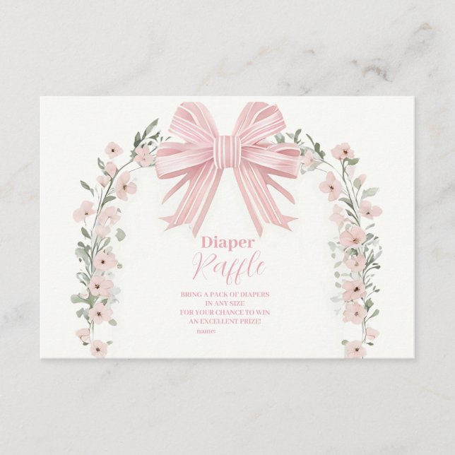 Pink Bow Floral Girl Babydusche Raffle Diapper Begleitkarte (Vorderseite)