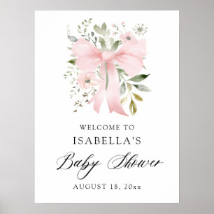 Pink Bow Floral Greenery Girl Baby Dusche Willkomm Poster