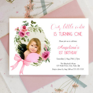Pink Bow Floral Kleine Süsse Foto Geburtstag Einladung