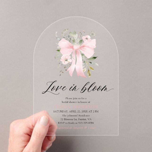 Pink Bow Floral Liebe im Bloom Arch Brautparty Acryleinladungen (Insitu (Handheld))