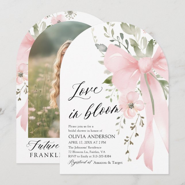 Pink Bow Floral Liebe im Bloom Arch Brautparty Einladung (Vorne/Hinten)