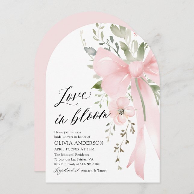 Pink Bow Floral Liebe im Bloom Arch Brautparty Einladung (Vorne/Hinten)