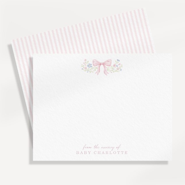 Pink Bow Floral Nursery Note Card Ankündigung (Von Creator hochgeladen)