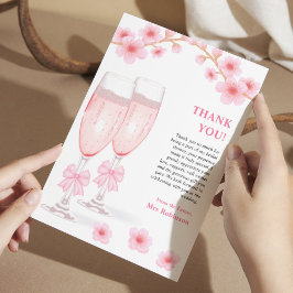 Pink Bow Floral Petals and Prosecco Bridal Shower Dankeskarte