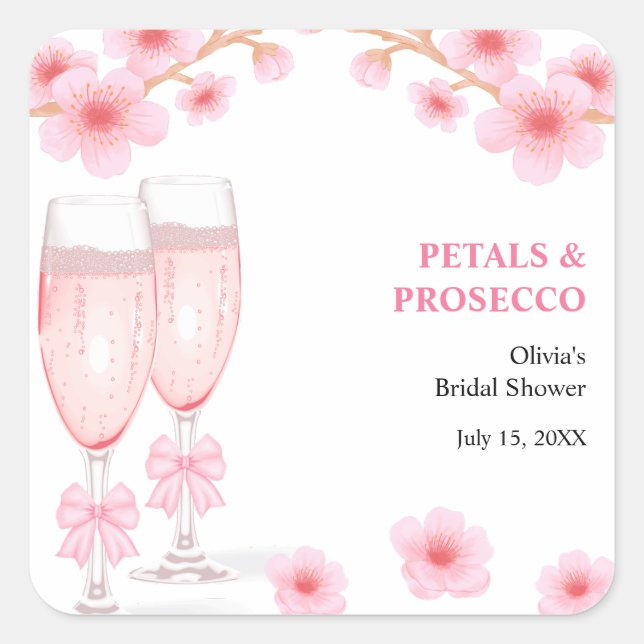 Pink Bow Floral Petals and Prosecco Bridal Shower  Quadratischer Aufkleber (Vorderseite)