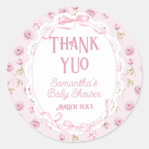Pink Bow Floral Rose Vintag Babydusche Dank Runder Aufkleber