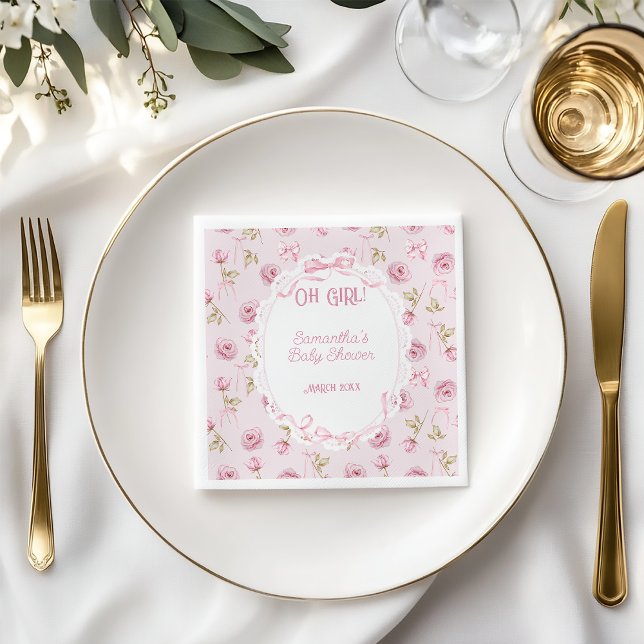 Pink Bow Floral Rose Vintag Babydusche Serviette (Von Creator hochgeladen)