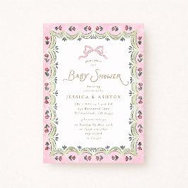 Pink Bow Floral Scalloped Frame Baby Shower Einladung