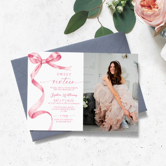 Pink Bow Foto Sweet 16 Birthday Einladung