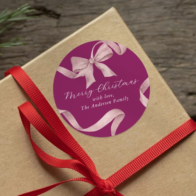 Pink Bow Frohe Weihnachten Runder Aufkleber (Von Creator hochgeladen)