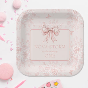 Pink Bow Geburtstagsparty Whimsy Toile Personalisi Pappteller