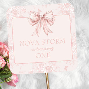 Pink Bow Geburtstagsparty Whimsy Toile Personalisi Quadratischer Aufkleber