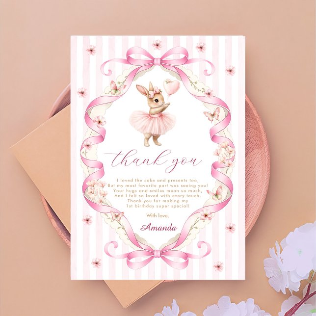 Pink Bow Gingham Bunny 1st Birthday Dankeskarte (Von Creator hochgeladen)