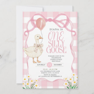 PINK BOW Gingham Daisy One Albern Goose Birthday Einladung