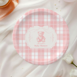 Pink Bow Gingham French Teddy Bear Baby Dusche Pappteller