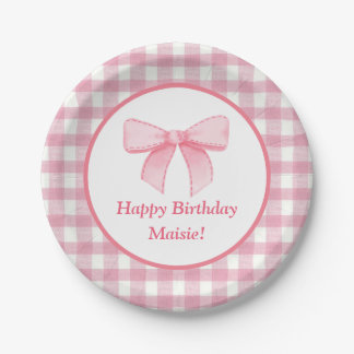 Pink Bow Gingham Paper Plate  Pappteller