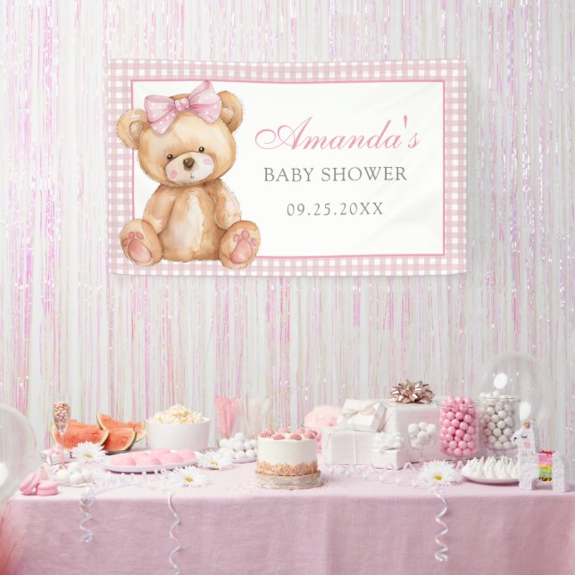 Pink Bow Gingham Teddy Bear Babydusche Banner (Party)