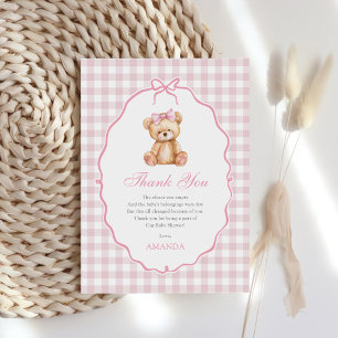 Pink Bow Gingham Teddy Bear Babydusche Dankeskarte