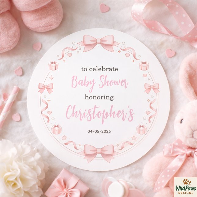 Pink Bow Girl Baby Shower – Cute & Fun Party Runder Aufkleber (Pink Bow Girl Baby Shower – Cute & Fun Party Classic Round Sticker)
