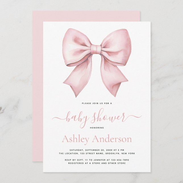 Pink Bow Girl Baby Shower Einladung (Vorne/Hinten)
