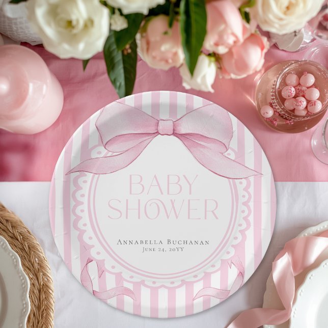 Pink Bow Girl Coquette Striped Baby Shower  Pappteller (Von Creator hochgeladen)