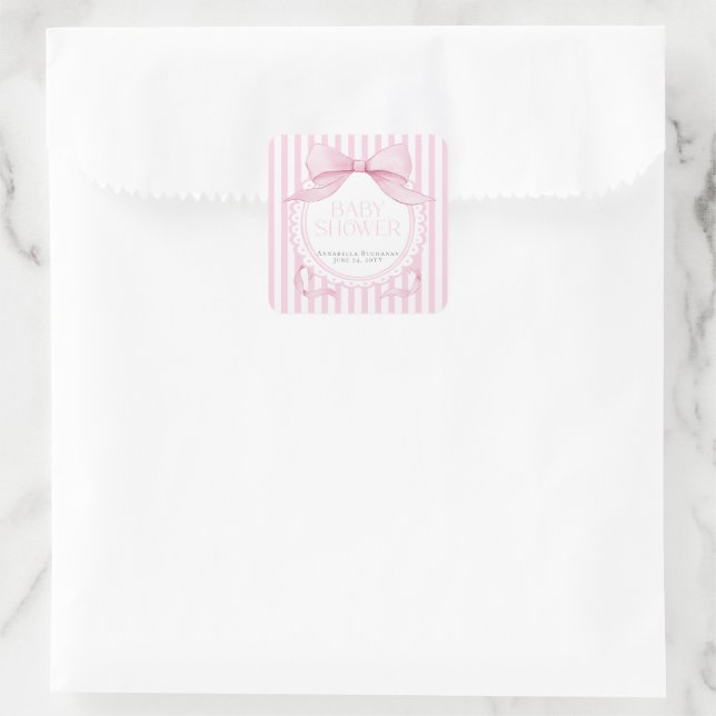 Pink Bow Girl Coquette Striped Baby Shower  Quadratischer Aufkleber (Tasche)