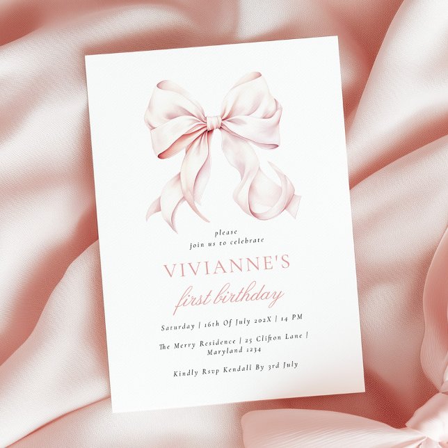 Pink Bow Girl Erster Geburtstag Einladung (Von Creator hochgeladen)