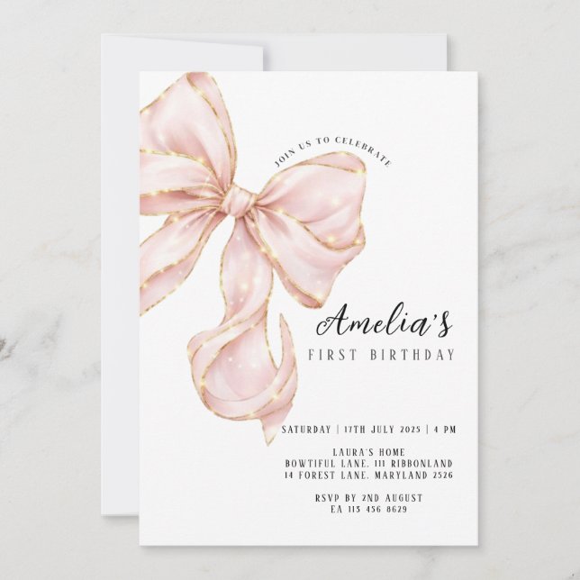 Pink Bow Girl First Birthday  Einladung (Vorderseite)