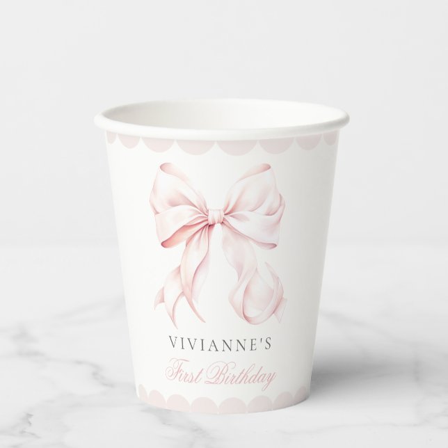 Pink Bow Girl First Birthday Paper Cup Pappbecher (Vorderseite)