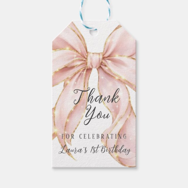 Pink Bow Girl First Birthday Party  Geschenkanhänger (Vorderseite)