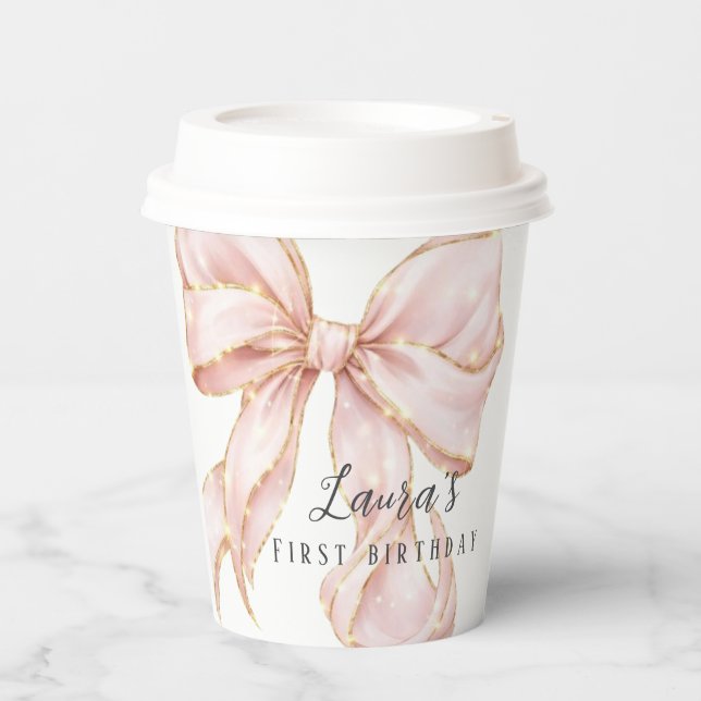 Pink Bow Girl First Birthday Party  Pappbecher (Vorderseite)