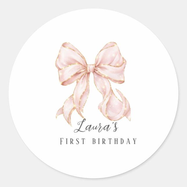 Pink Bow Girl First Birthday Party  Runder Aufkleber (Vorderseite)