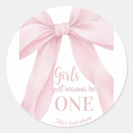 Pink Bow Girl First Birthday Runder Aufkleber