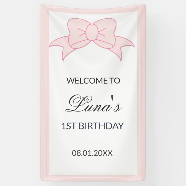 Pink Bow Girl Kids 1st Birthday  Banner (Vertikal)