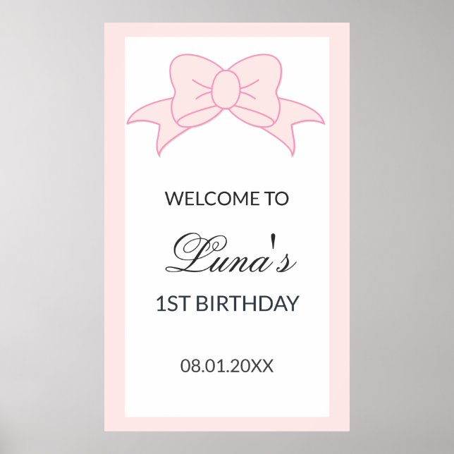 Pink Bow Girl Kids 1st Birthday  Poster (Vorne)