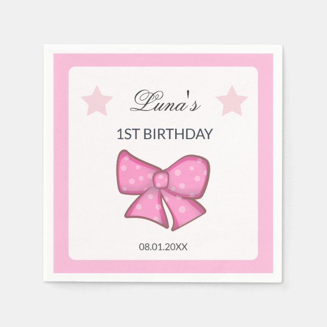 Pink Bow Girl Kids 1st Birthday  Serviette (Vorderseite)