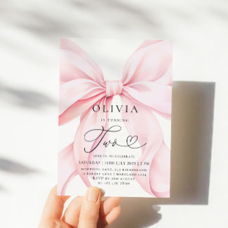 Pink Bow Girl Second Birthday  Einladung