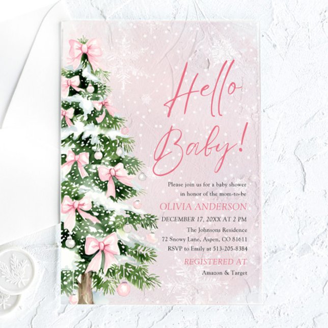 Pink Bow Girl Weihnachten Hallo Baby Dusche Acryleinladungen (Pink Bow Girl Christmas Hello Baby Baby Shower Acrylic Invitation)