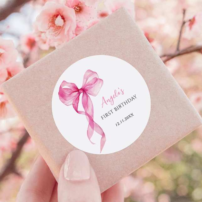 Pink Bow Girls 1. Geburtstag Runder Aufkleber (Von Creator hochgeladen)