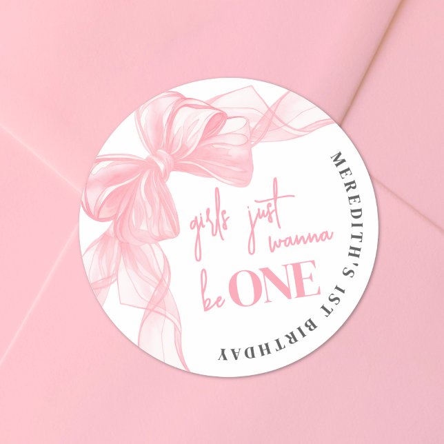 Pink Bow Girls 1st Birthday Runder Aufkleber (Pink Bow Girls 1st Birthday Classic Round Sticker )