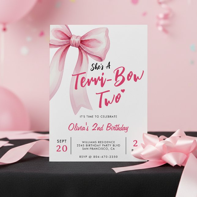 Pink Bow Girls 2nd Birthday Party Terrible Two Einladung (Pink Bow Girls 2nd Birthday Party Terrible Two Invitation
)