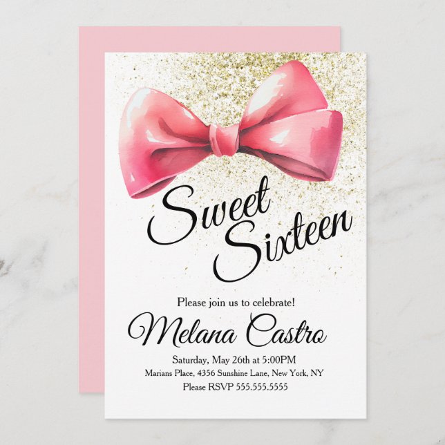 Pink Bow Girls Coquette Sweet 16 Geburtstag Einladung (Vorne/Hinten)