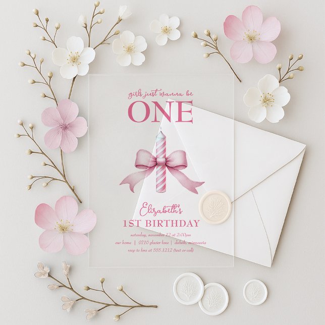 Pink Bow Girls Just Wanna Be One 1st Birthday  Acryleinladungen (Pink Bow Girls Just Wanna Be One 1st Birthday Acrylic Invitations)