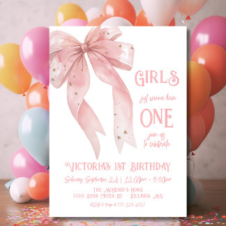 Pink Bow Girls wollte gerade auf 1. Geburtstag Einladung